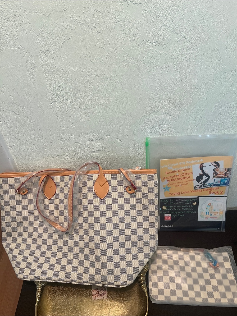 #2209”12x19” Yuxiang PijuW/Pouch”6x-10 inspired White/Gray Checkered Tote Bag - Picture 6 of 17